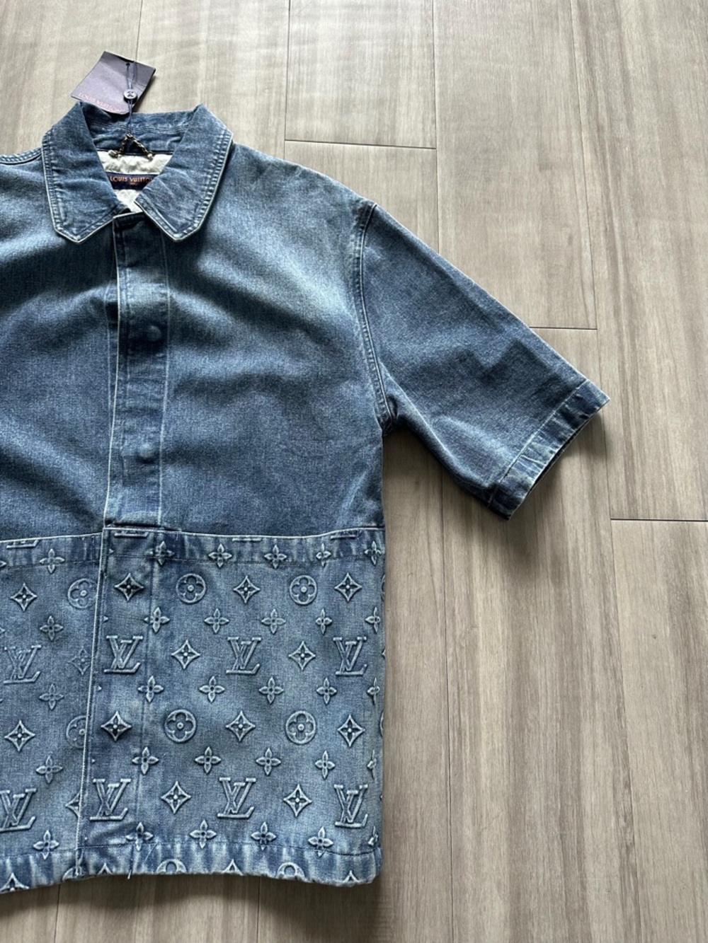 Designer Blue Denim Short-Sleeve Shirt Jacket (XL) Denim Workwear Shirt - Picture 6 of 10